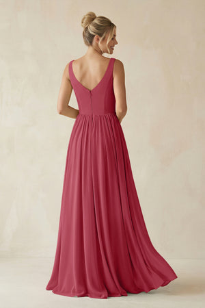Merlot V-Neck Chiffon A-Line Long Bridesmaid Dress (2) | KISSBRIDAL