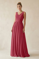 Merlot V-Neck Chiffon A-Line Long Bridesmaid Dress | KISSBRIDAL