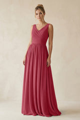 Merlot V-Neck Chiffon A-Line Long Bridesmaid Dress | KISSBRIDAL