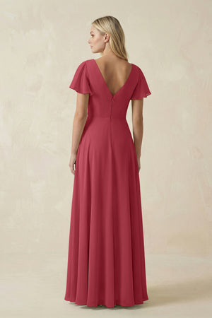 Merlot V-Neck Flutter Sleeve A-Line Chiffon Bridesmaid Dress (2) | KISSBRIDAL