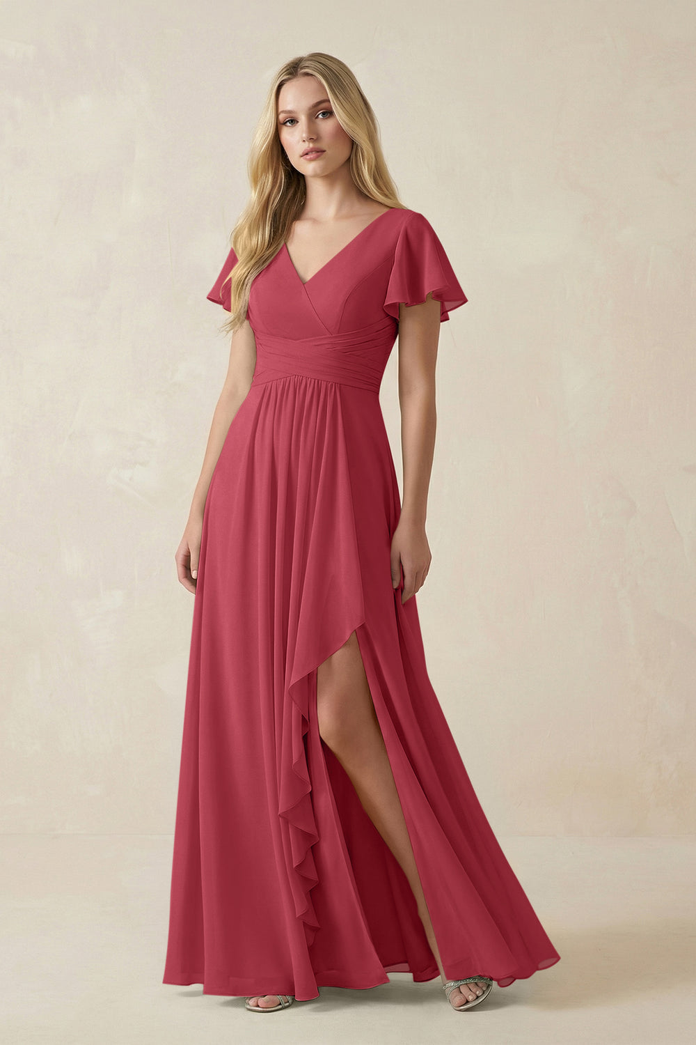 V-Neck Flutter Sleeve A-Line Chiffon Bridesmaid Dress in Merlot