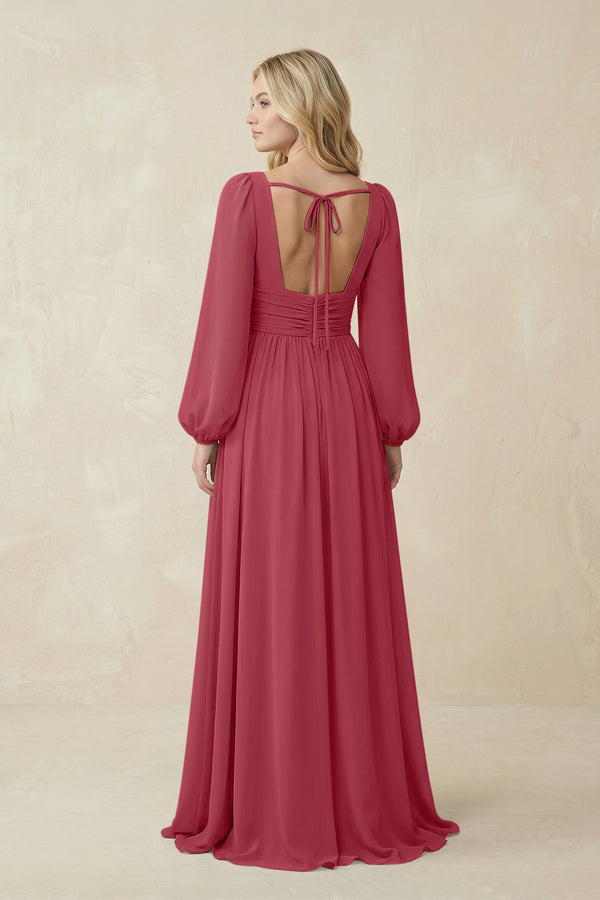 Merlot V-Neck Long Sleeve A-Line Chiffon Bridesmaid Dress (2) | KISSBRIDAL