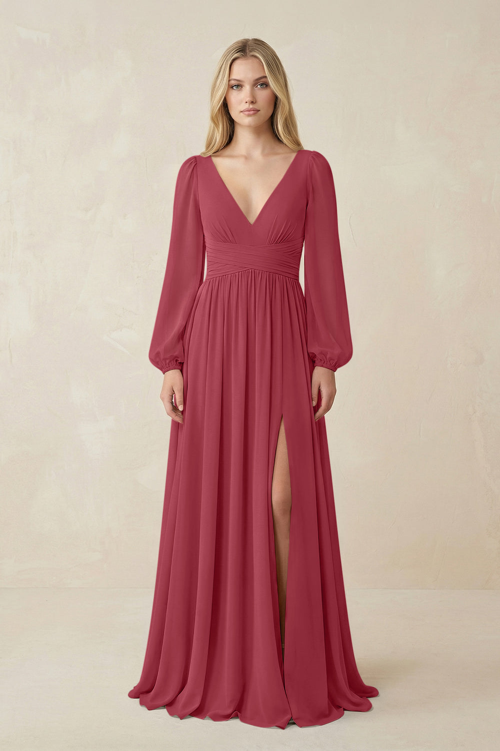 V-Neck Long Sleeve A-Line Chiffon Bridesmaid Dress in Merlot