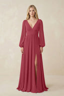 Merlot V-Neck Long Sleeve A-Line Chiffon Bridesmaid Dress | KISSBRIDAL