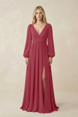 Merlot V-Neck Long Sleeve A-Line Chiffon Bridesmaid Dress | KISSBRIDAL