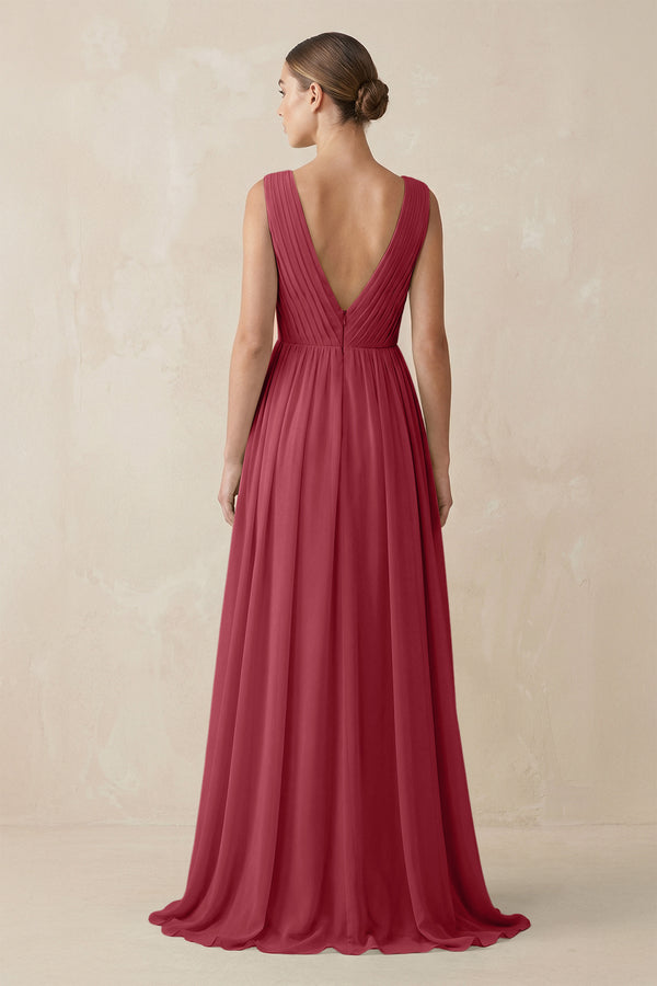 Merlot V-Neck Pleated A-Line Chiffon Bridesmaid Dress (2) | KISSBRIDAL