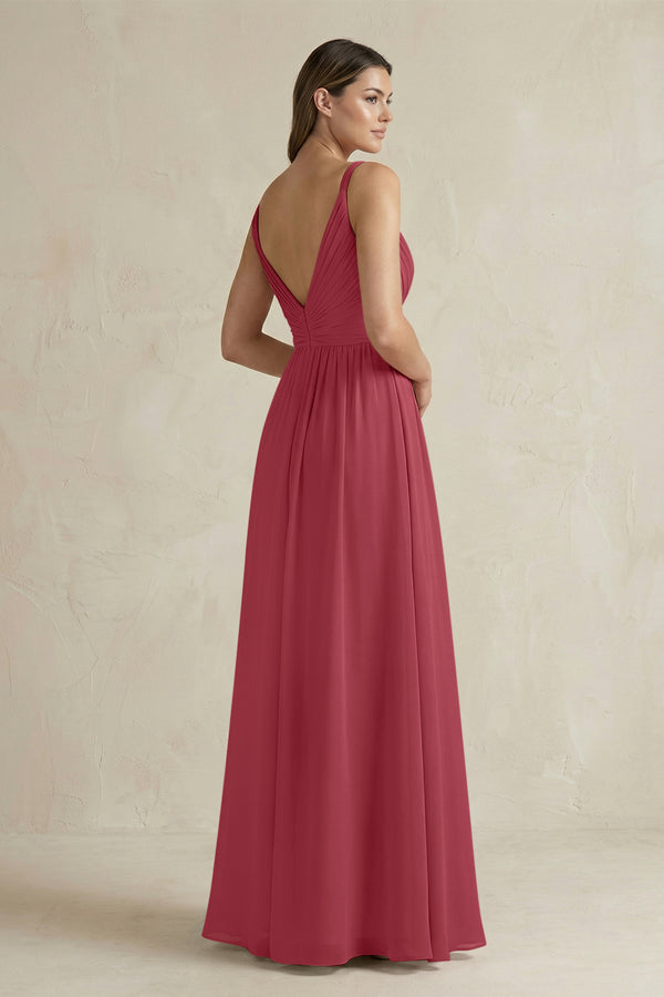 Merlot V-Neck Pleated A-Line Chiffon Bridesmaid Dress (2) | KISSBRIDAL