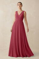 Merlot V-Neck Pleated A-Line Chiffon Bridesmaid Dress | KISSBRIDAL