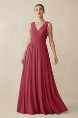 Merlot V-Neck Pleated A-Line Chiffon Bridesmaid Dress | KISSBRIDAL