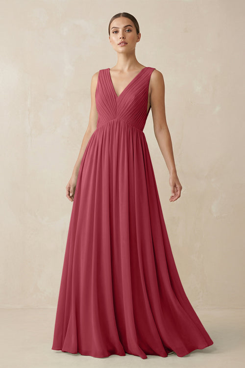 Merlot V-Neck Pleated A-Line Chiffon Bridesmaid Dress | KISSBRIDAL