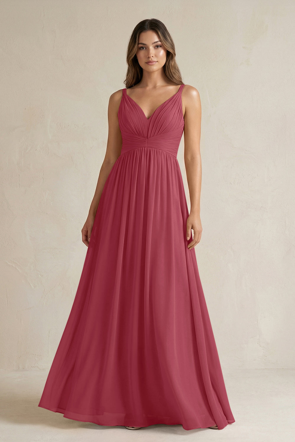V-Neck Pleated A-Line Chiffon Bridesmaid Dress in Merlot