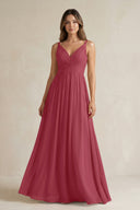 Merlot V-Neck Pleated A-Line Chiffon Bridesmaid Dress | KISSBRIDAL