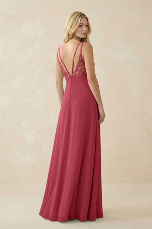 Merlot V-Neck Ruched Chiffon Bridesmaid Dress with Slit (2) | KISSBRIDAL