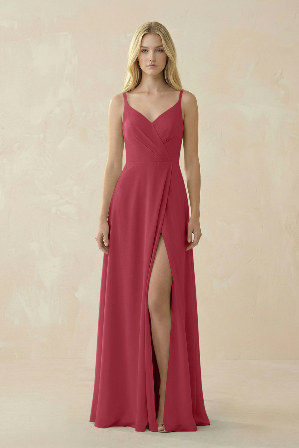 V-Neck Ruched Chiffon Bridesmaid Dress with Slit in Merlot