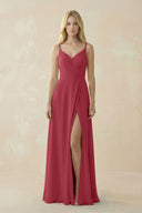 Merlot V-Neck Ruched Chiffon Bridesmaid Dress with Slit | KISSBRIDAL