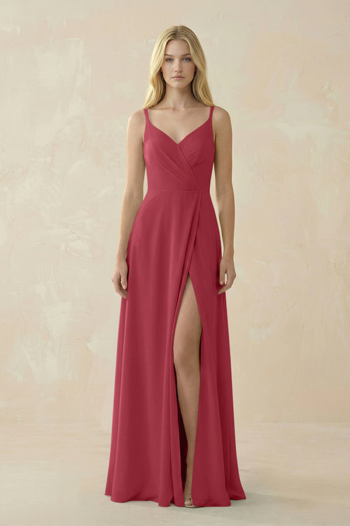 Merlot V-Neck Ruched Chiffon Bridesmaid Dress with Slit | KISSBRIDAL