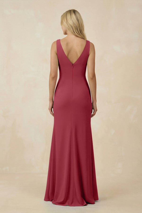 Merlot V-Neck Ruched Sheath Bridesmaid Dress with Slit (2) | KISSBRIDAL