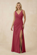 Merlot V-Neck Ruched Sheath Bridesmaid Dress with Slit | KISSBRIDAL