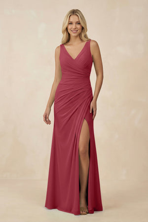 Merlot V-Neck Ruched Sheath Bridesmaid Dress with Slit | KISSBRIDAL