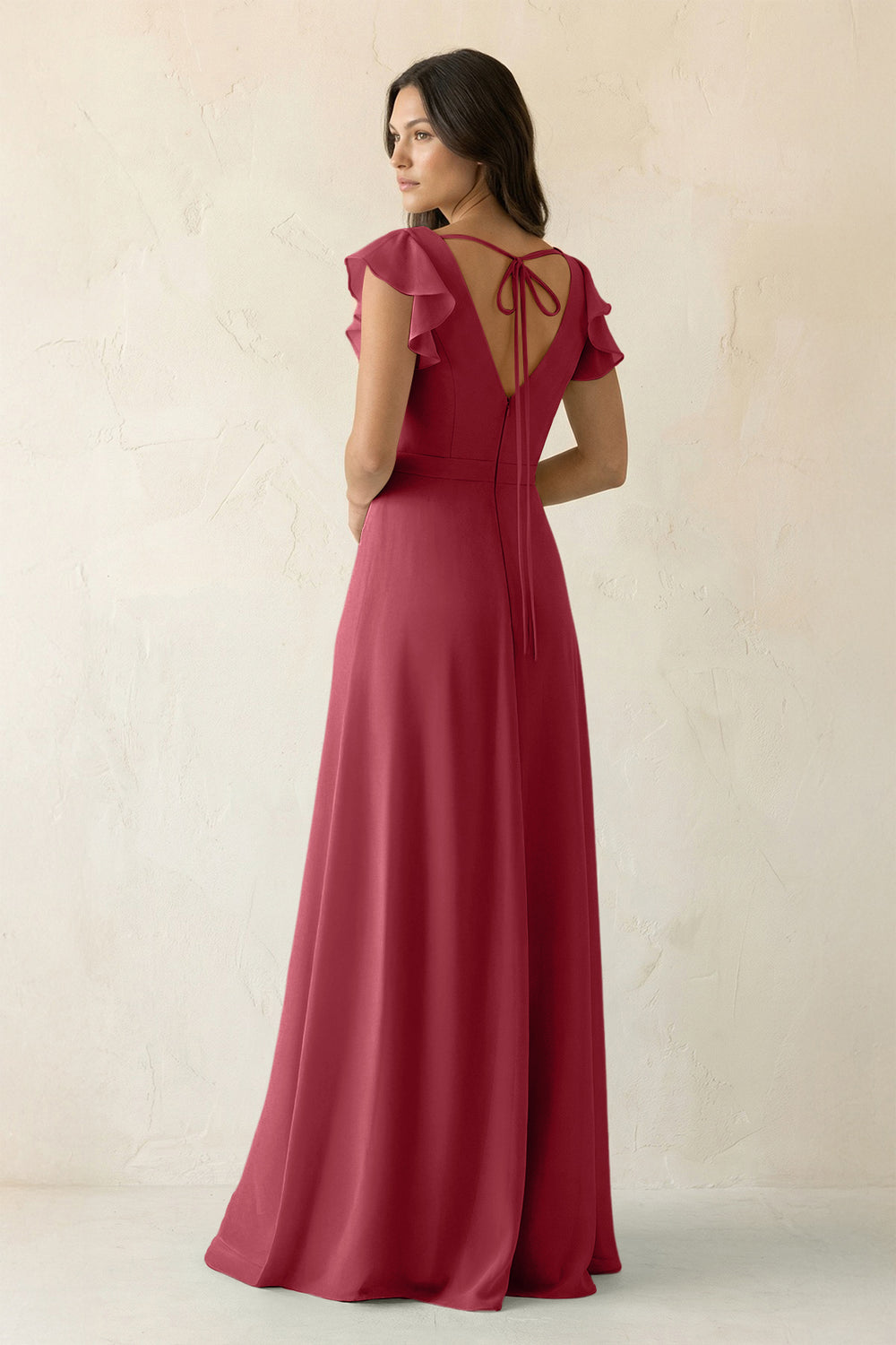 V-Neck Ruffled A-Line Chiffon Bridesmaid Dress in Merlot