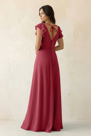 Merlot V-Neck Ruffled A-Line Chiffon Bridesmaid Dress (2) | KISSBRIDAL
