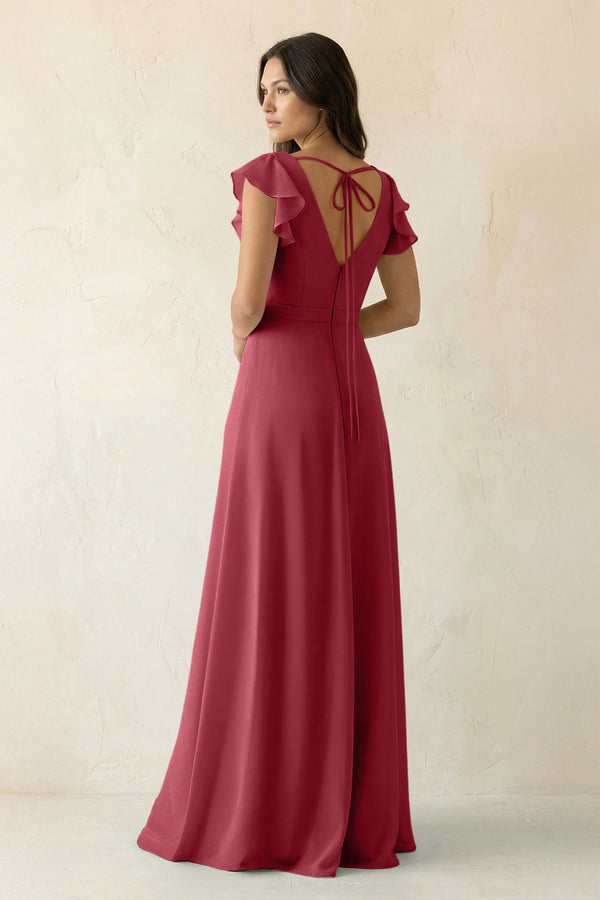 Merlot V-Neck Ruffled A-Line Chiffon Bridesmaid Dress (2) | KISSBRIDAL