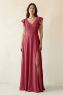 Merlot V-Neck Ruffled A-Line Chiffon Bridesmaid Dress | KISSBRIDAL