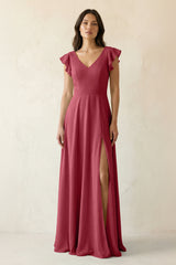 Merlot V-Neck Ruffled A-Line Chiffon Bridesmaid Dress | KISSBRIDAL