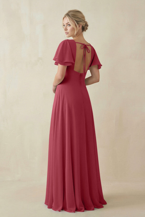Merlot V-Neck Ruffled Short Sleeves A-Line Bridesmaid Dress (2) | KISSBRIDAL