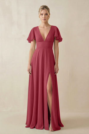 Merlot V-Neck Ruffled Short Sleeves A-Line Bridesmaid Dress | KISSBRIDAL