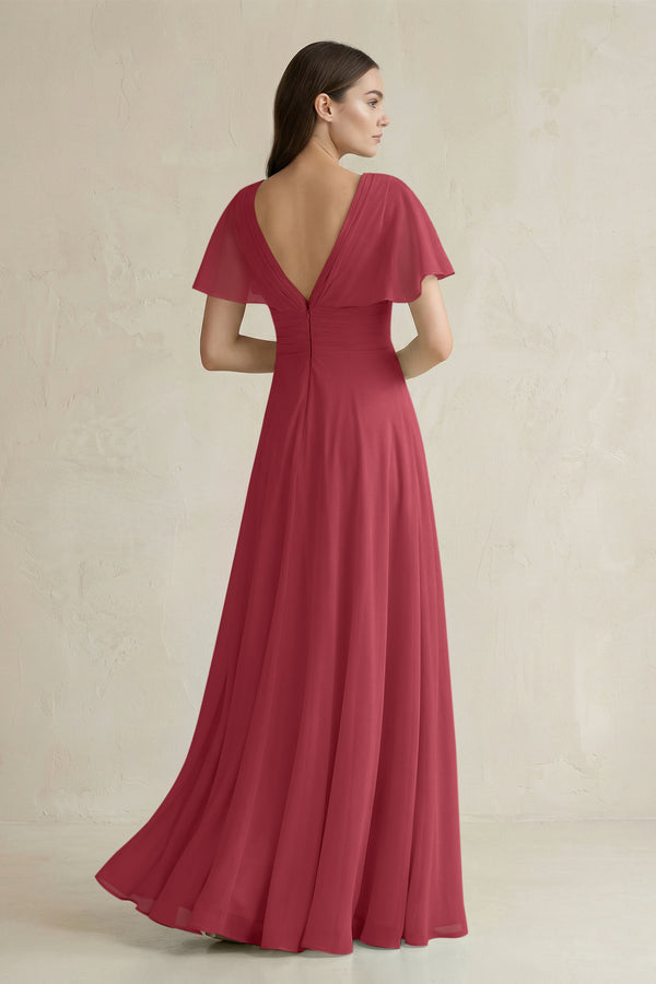 Merlot V-Neck Ruffled Sleeve A-Line Chiffon Bridesmaid Dress (2) | KISSBRIDAL