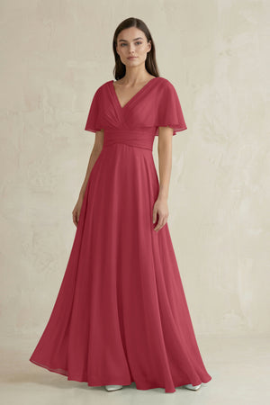 Merlot V-Neck Ruffled Sleeve A-Line Chiffon Bridesmaid Dress | KISSBRIDAL