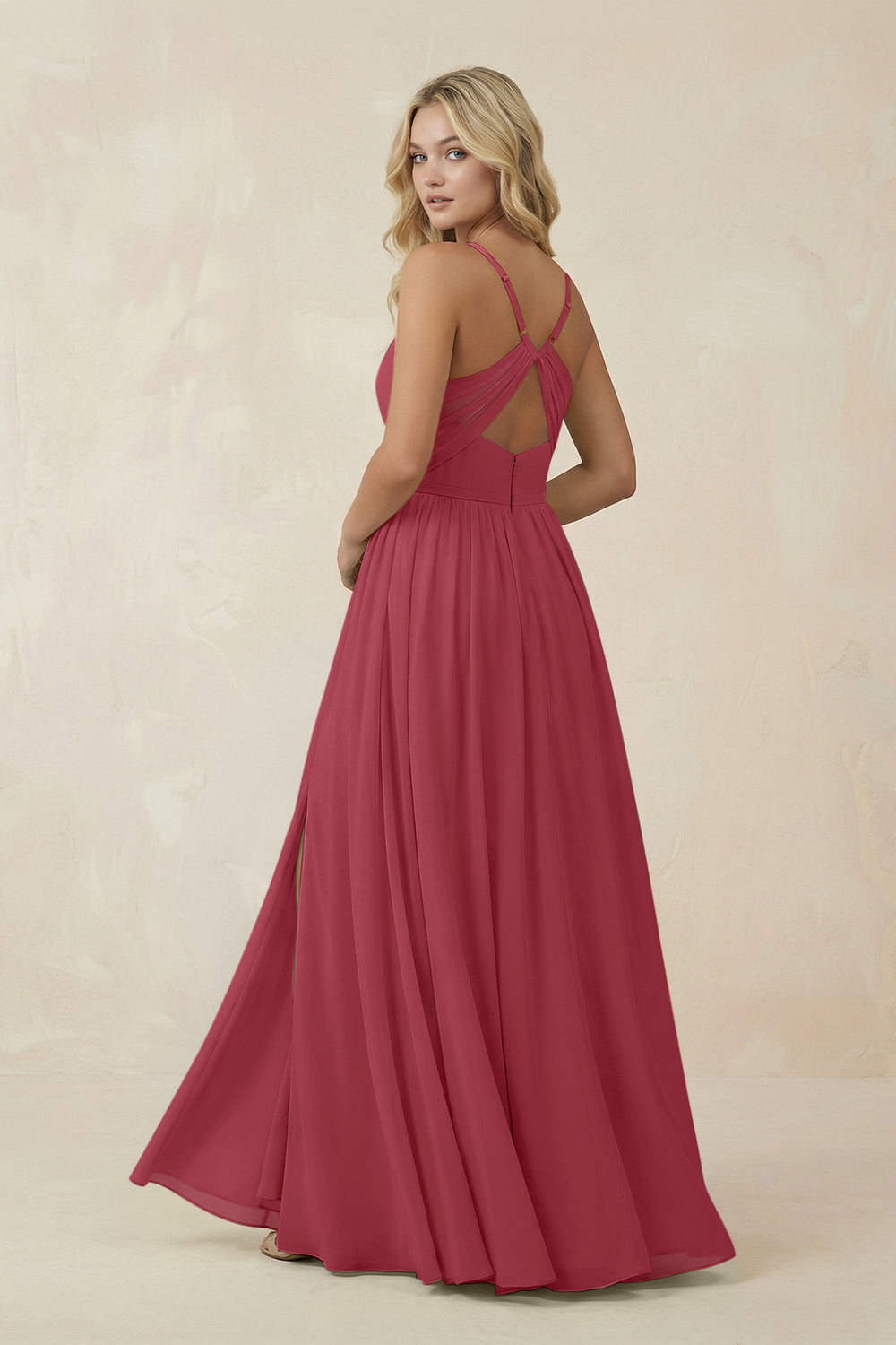 V-Neck Spaghetti Strap A-Line Chiffon Bridesmaid Dress in Merlot