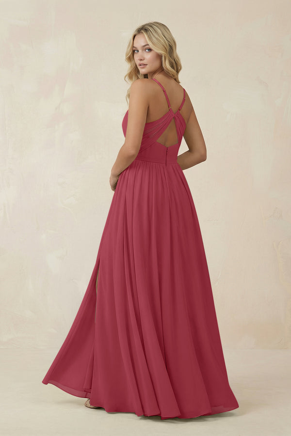 Merlot V-Neck Spaghetti Strap A-Line Chiffon Bridesmaid Dress (2) | KISSBRIDAL