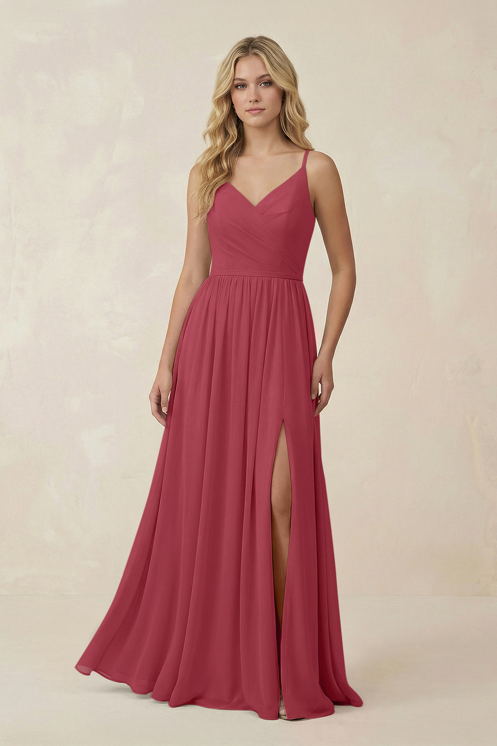 V-Neck Spaghetti Strap A-Line Chiffon Bridesmaid Dress in Merlot