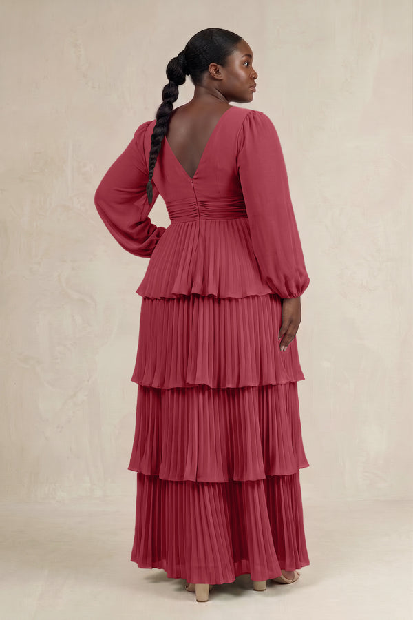 Merlot V-Neck Tiered A-Line Long Sleeve Bridesmaid Dress (2) [sizeplus] | KISSBRIDAL