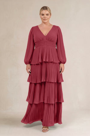 Merlot V-Neck Tiered A-Line Long Sleeve Bridesmaid Dress (3) [sizeplus] | KISSBRIDAL