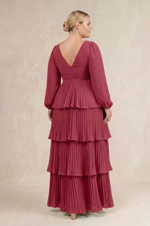 Merlot V-Neck Tiered A-Line Long Sleeve Bridesmaid Dress (4) [sizeplus] | KISSBRIDAL