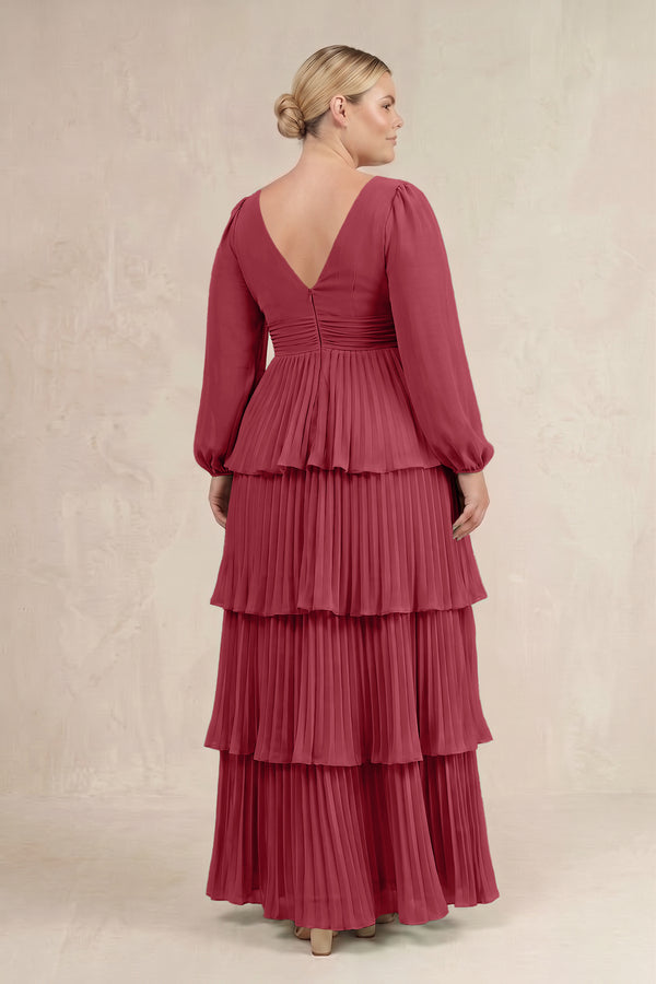 Merlot V-Neck Tiered A-Line Long Sleeve Bridesmaid Dress (4) [sizeplus] | KISSBRIDAL