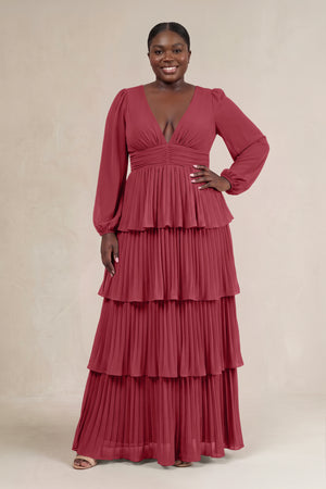 Merlot V-Neck Tiered A-Line Long Sleeve Bridesmaid Dress [sizeplus] | KISSBRIDAL