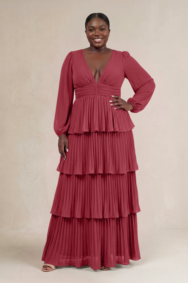 Merlot V-Neck Tiered A-Line Long Sleeve Bridesmaid Dress [sizeplus] | KISSBRIDAL