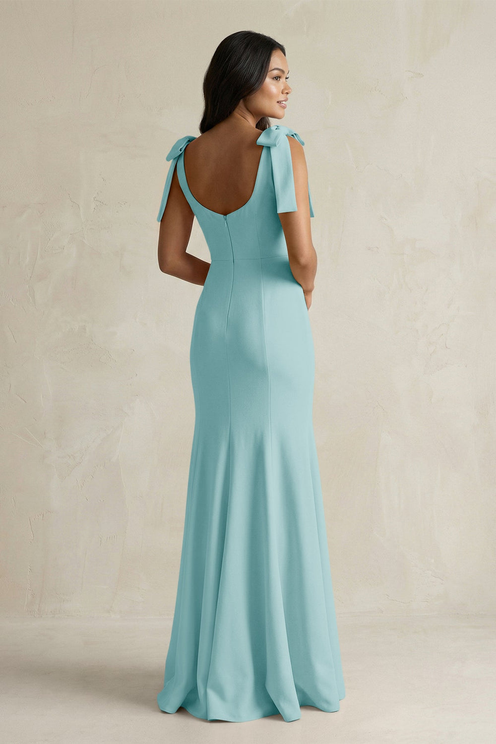 Square Neck Mermaid Bridesmaid Dress With Bow in Bleached Aqua - KISS BRIDAL Bridesmaid Dresses