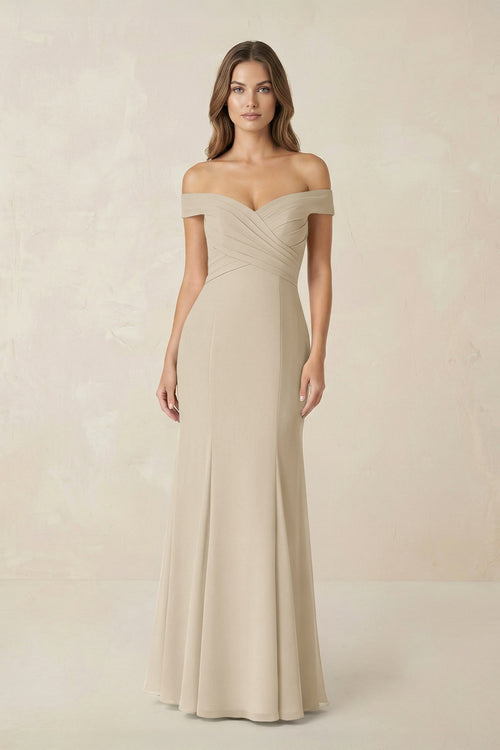 Off - the Shoulder Mermaid Chiffon Bridesmaid Dress in Champagne - SHE IS ME Bridesmaid Dresses
