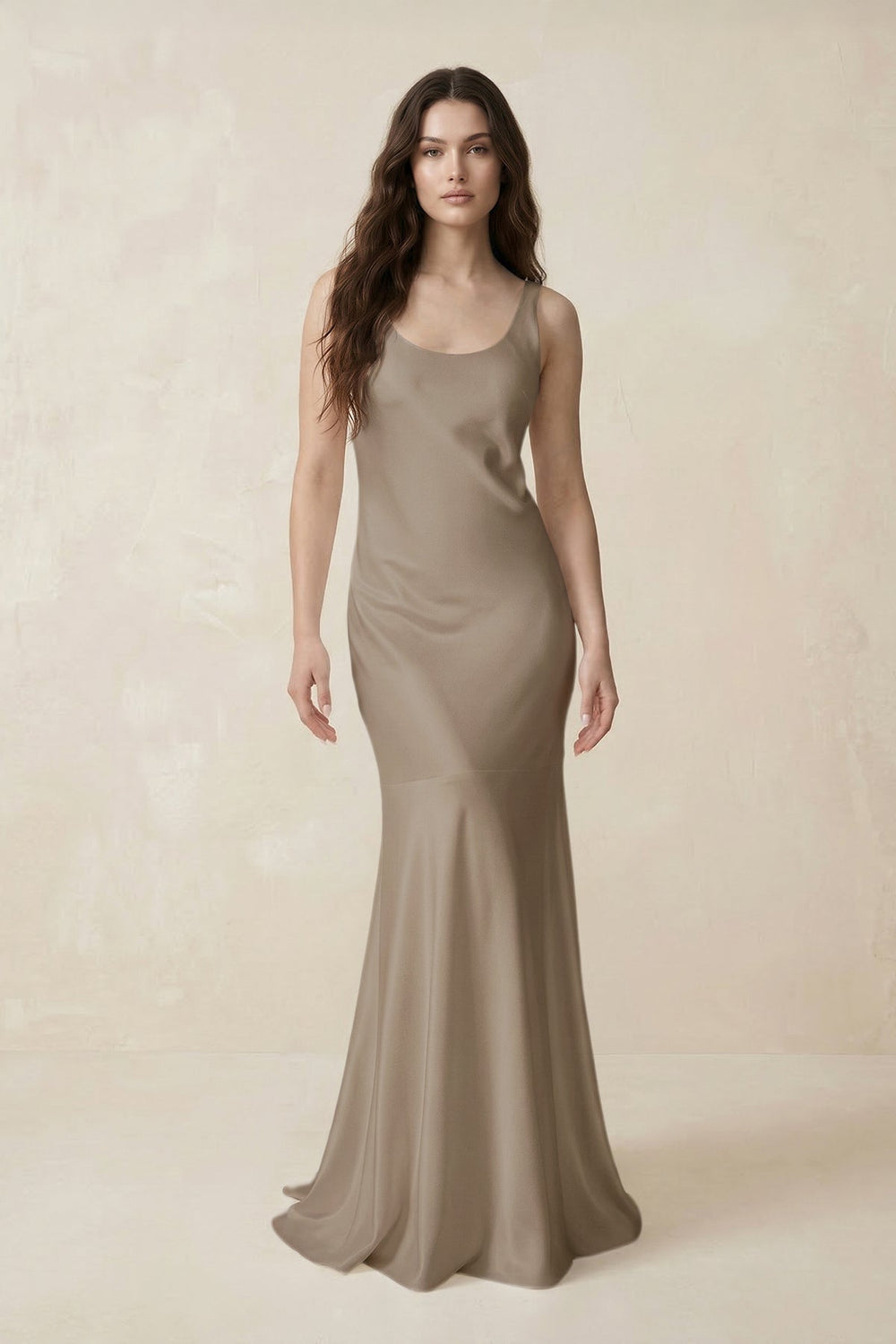 Mermaid Scoop Neck Satin Bridesmaid Dress with Bow in Almond - KISS BRIDAL Bridesmaid Dresses