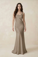 Mermaid Scoop Neck Satin Bridesmaid Dress with Bow in Almond - KISS BRIDAL Bridesmaid Dresses