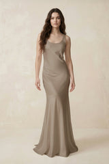 Mermaid Scoop Neck Satin Bridesmaid Dress with Bow in Almond - KISS BRIDAL Bridesmaid Dresses