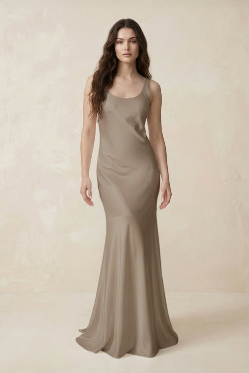 Mermaid Scoop Neck Satin Bridesmaid Dress with Bow in Almond - KISS BRIDAL Bridesmaid Dresses