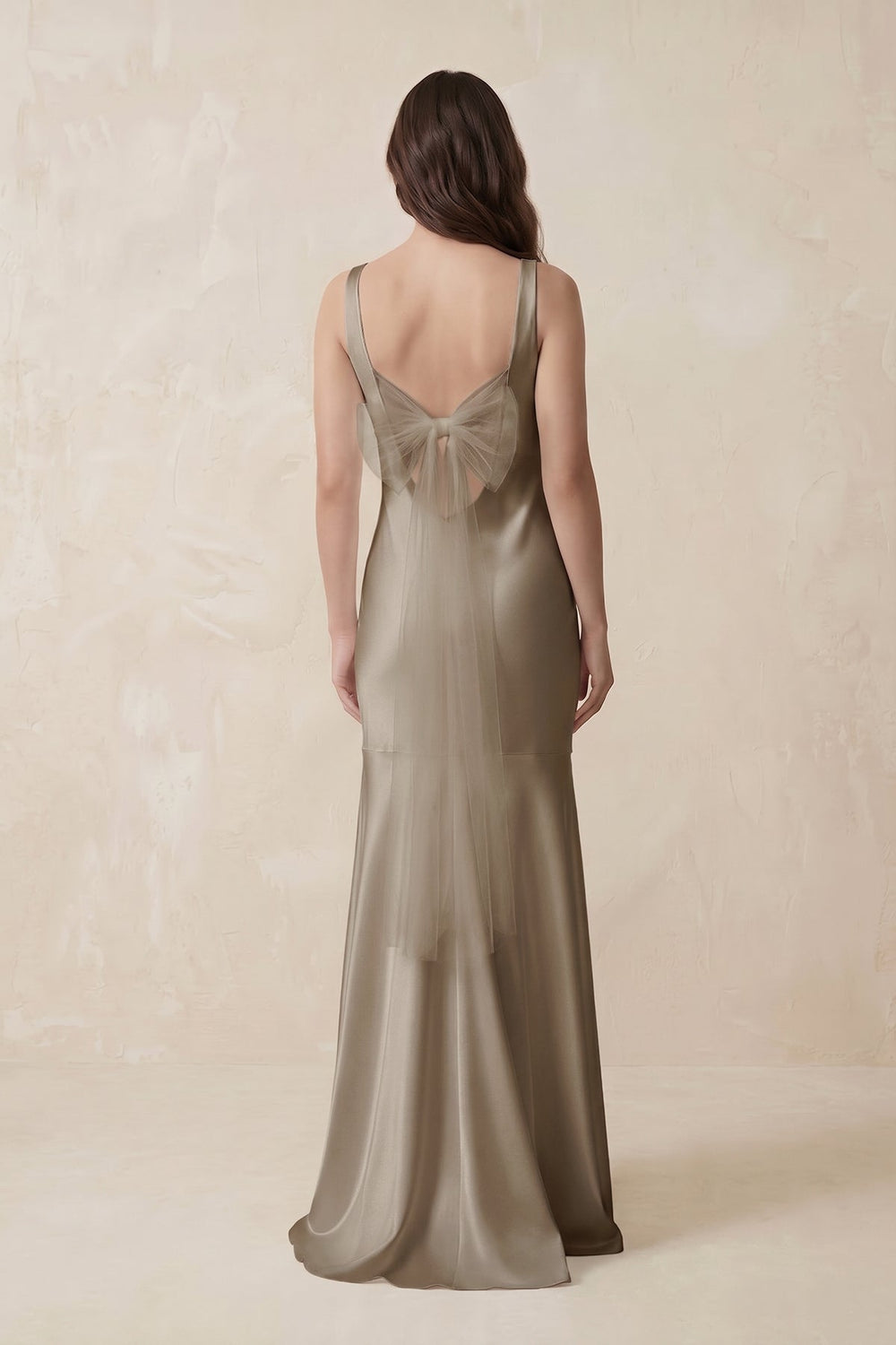 Mermaid Scoop Neck Satin Bridesmaid Dress with Bow in Almond - KISS BRIDAL Bridesmaid Dresses
