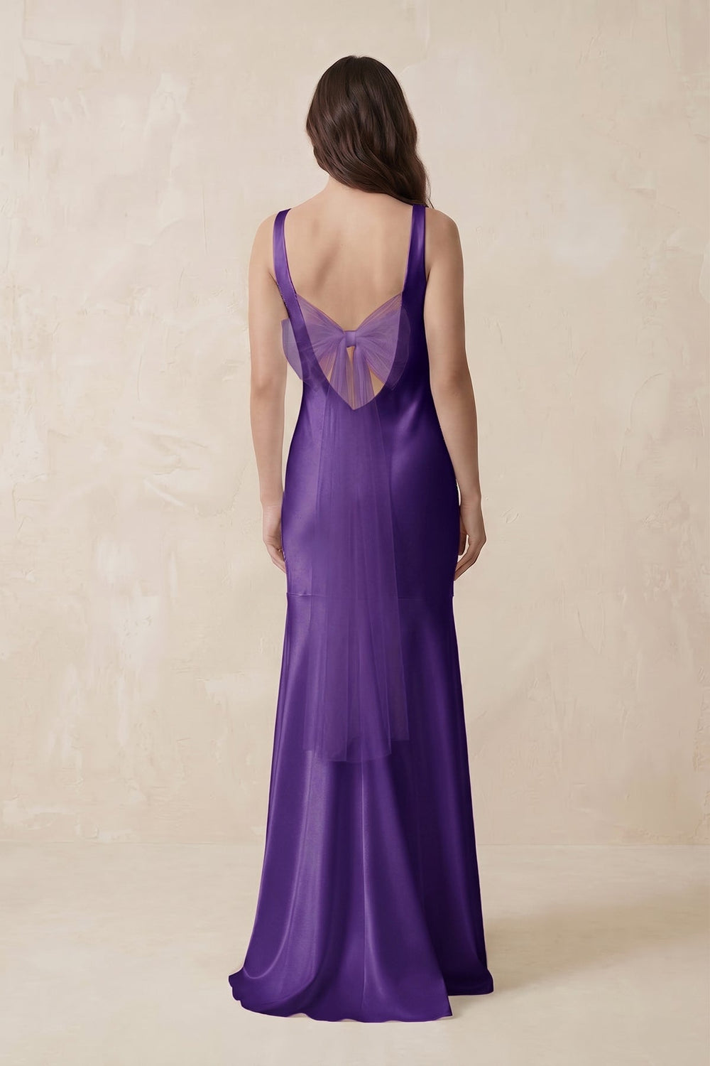 Mermaid Scoop Neck Satin Bridesmaid Dress with Bow in Amethyst - KISS BRIDAL Bridesmaid Dresses