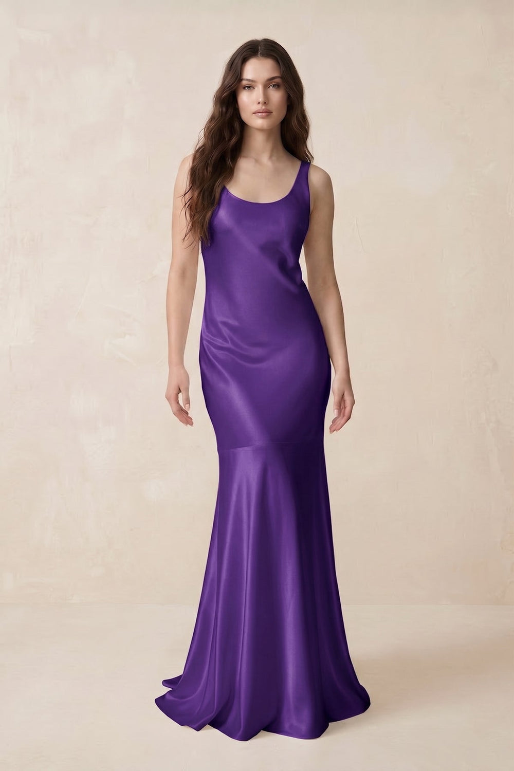 Mermaid Scoop Neck Satin Bridesmaid Dress with Bow in Amethyst - KISS BRIDAL Bridesmaid Dresses